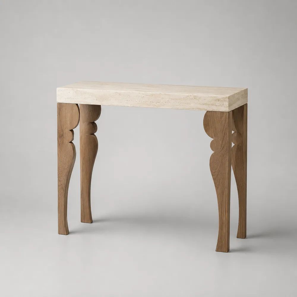 Console rectangulaire en travertin et bois massif, beige et chêne naturel, 100 × 35 × 80 cm