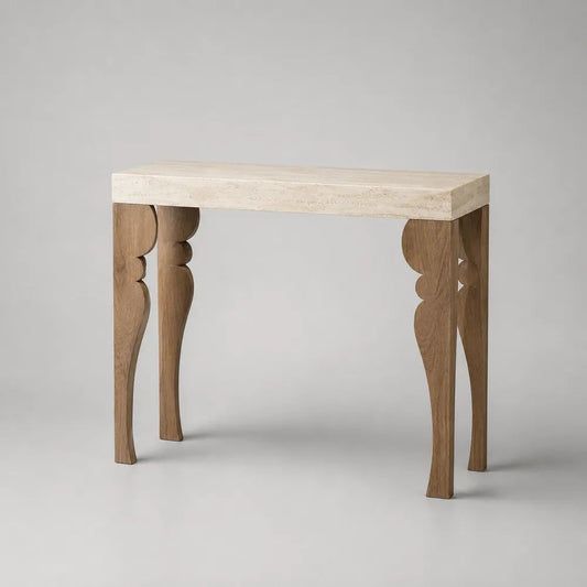 Console rectangulaire en travertin et bois massif, beige et chêne naturel, 100 × 35 × 80 cm