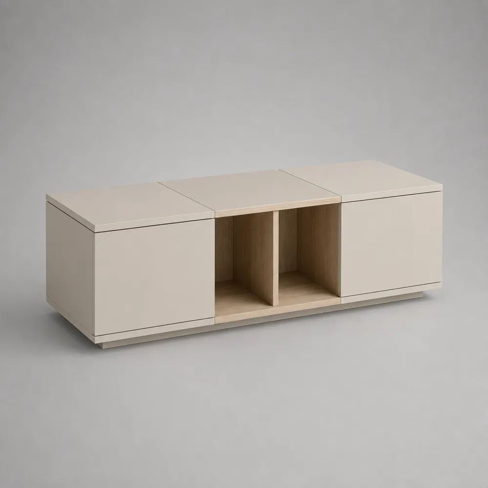 Table basse rectangulaire en bois avec 2 portes et 2 niches, beige et effet chêne naturel, 120 x 60 x 40 cm