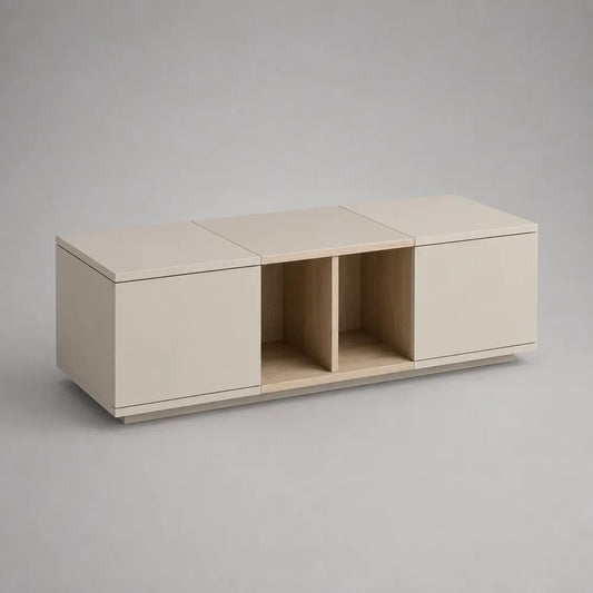 Table basse rectangulaire en bois avec 2 portes et 2 niches, beige et effet chêne naturel, 120 x 60 x 40 cm