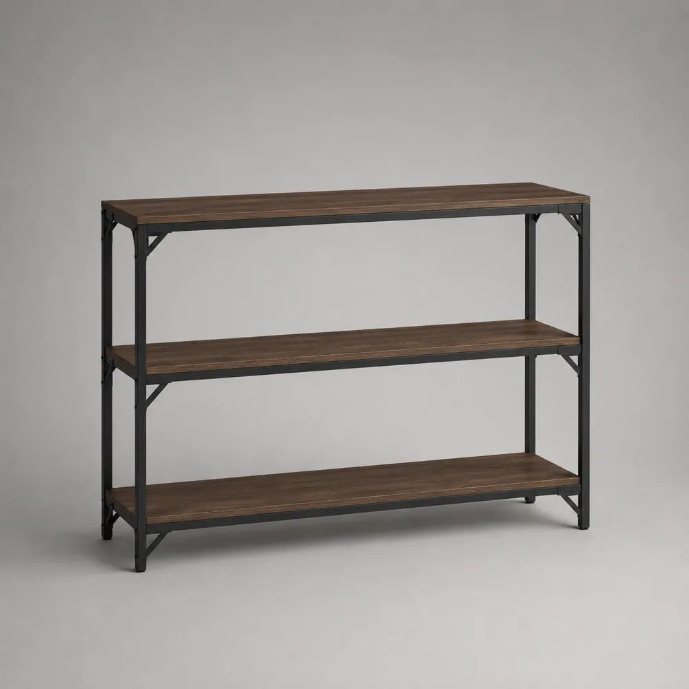 Table console rectangulaire à 3 niveaux en bois et acier, brun foncé et noir, 120 × 30 × 80 cm