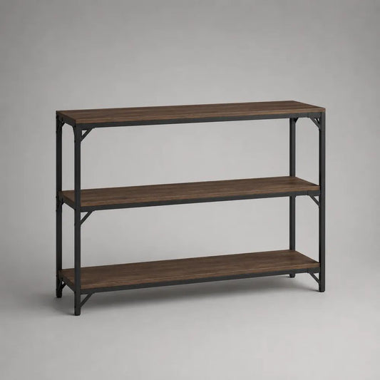 Table console rectangulaire à 3 niveaux en bois et acier, brun foncé et noir, 120 × 30 × 80 cm