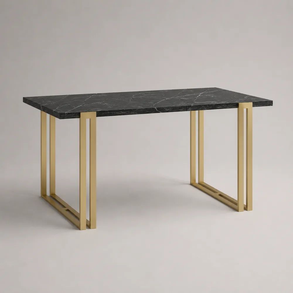 Table à manger rectangulaire en pierre frittée noire et métal doré, 140 × 80 × 75 cm