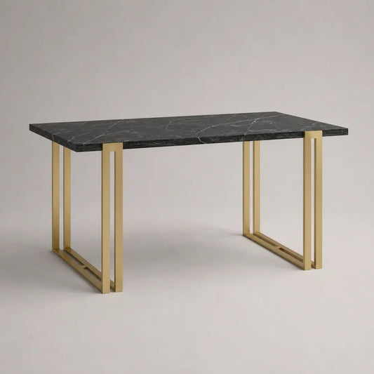 Table à manger rectangulaire en pierre frittée noire et métal doré, 140 × 80 × 75 cm