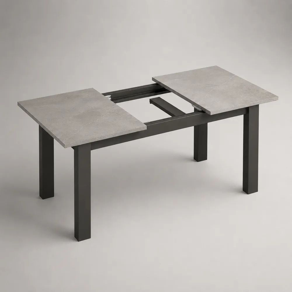 Table à manger extensible rectangulaire en MDF et métal, effet béton gris et noir, 120-160 × 80 × 75 cm