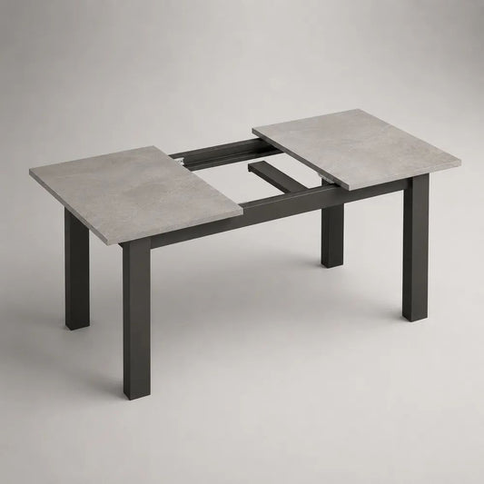 Table à manger extensible rectangulaire en MDF et métal, effet béton gris et noir, 120-160 × 80 × 75 cm